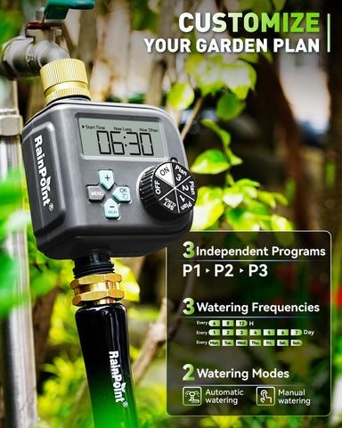 RainPoint sprinkler timer LCD display for quick setup and clear status.