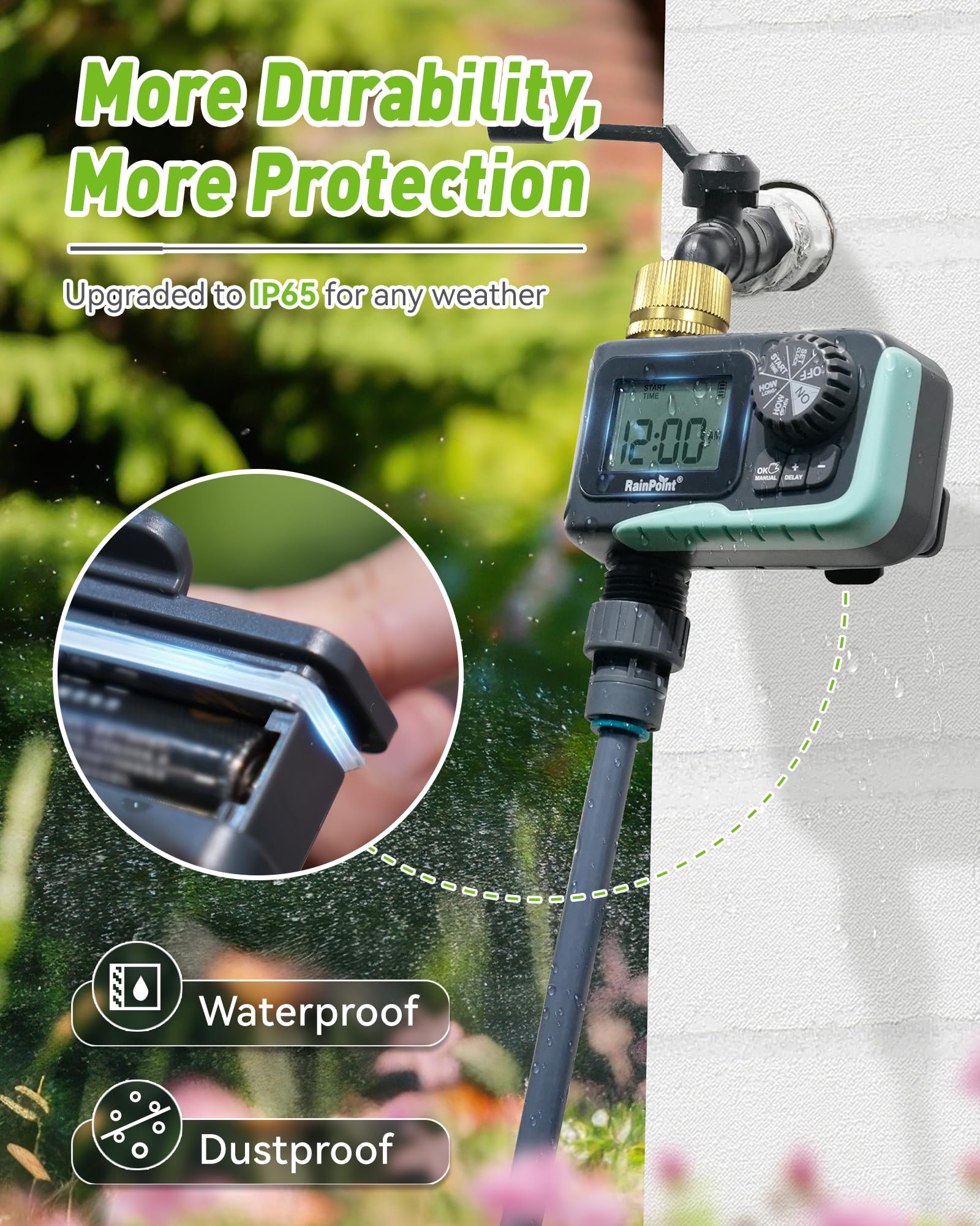 RAINPOINT sprinkler timer LCD display aids precise watering schedule