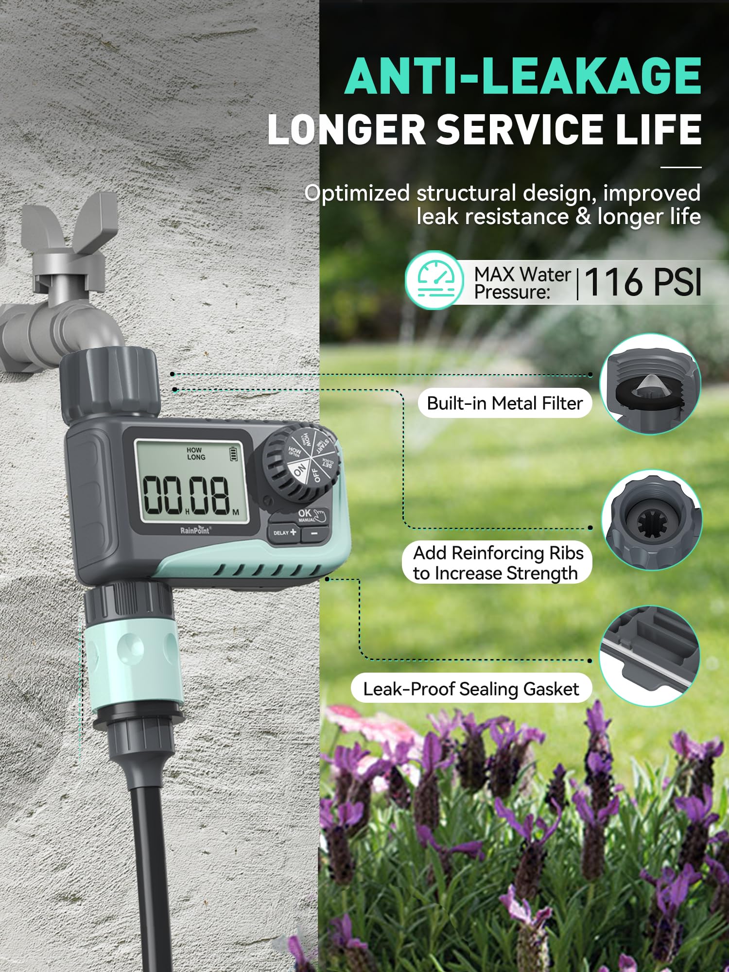 RainPoint Sprinkler Timer manual mode for spot watering as needed.