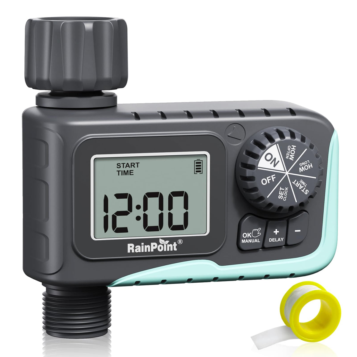 RAINPOINT sprinkler timer outdoor front view highlights durable, weatherproof construction.