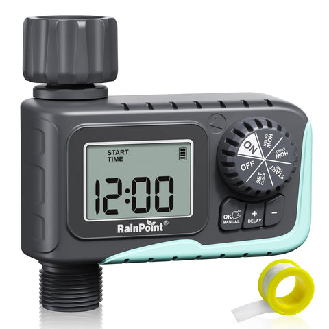RAINPOINT sprinkler timer outdoor front view highlights durable, weatherproof construction.
