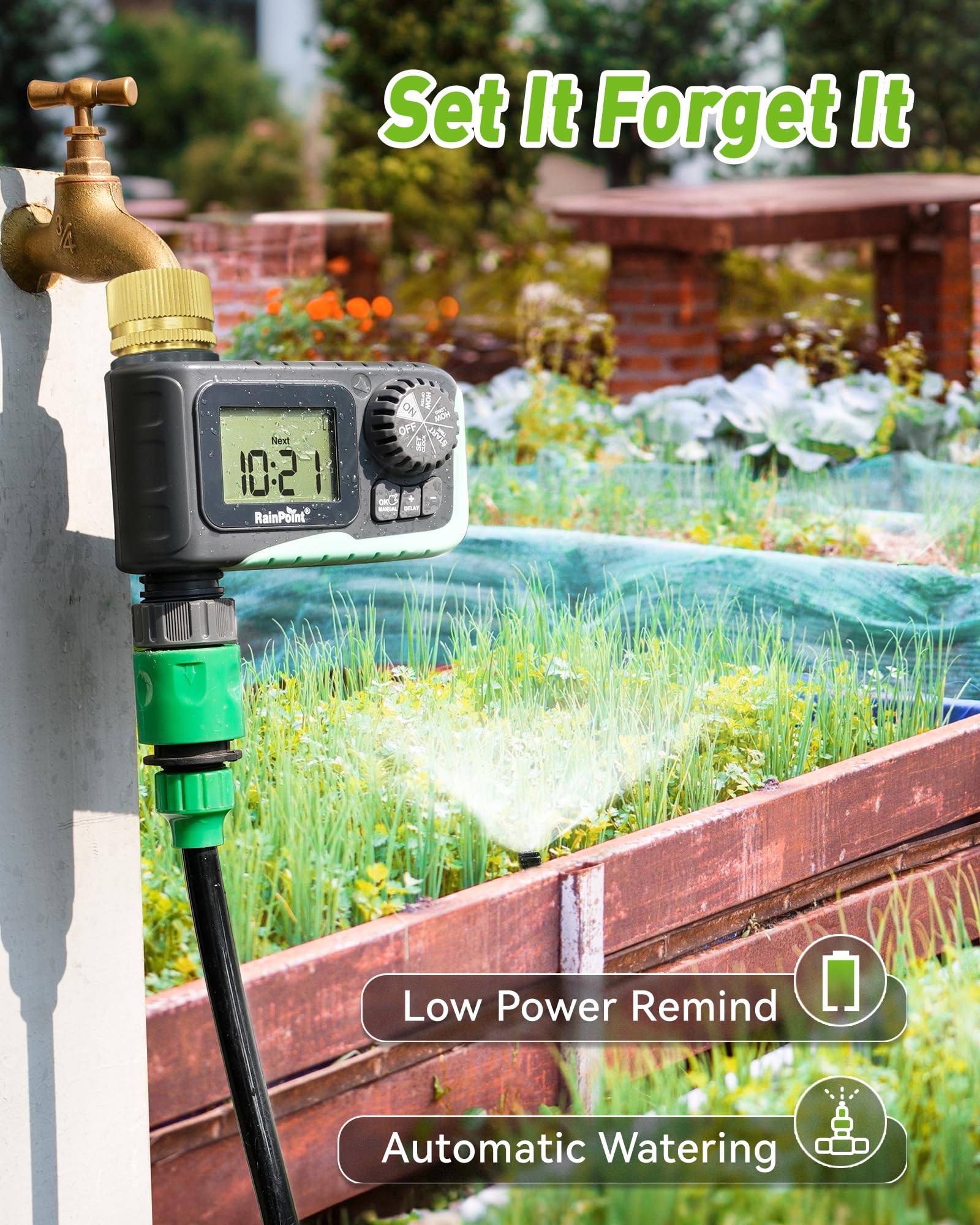 RAINPOINT outdoor installation on faucet demonstrates ready-to-use irrigation setup