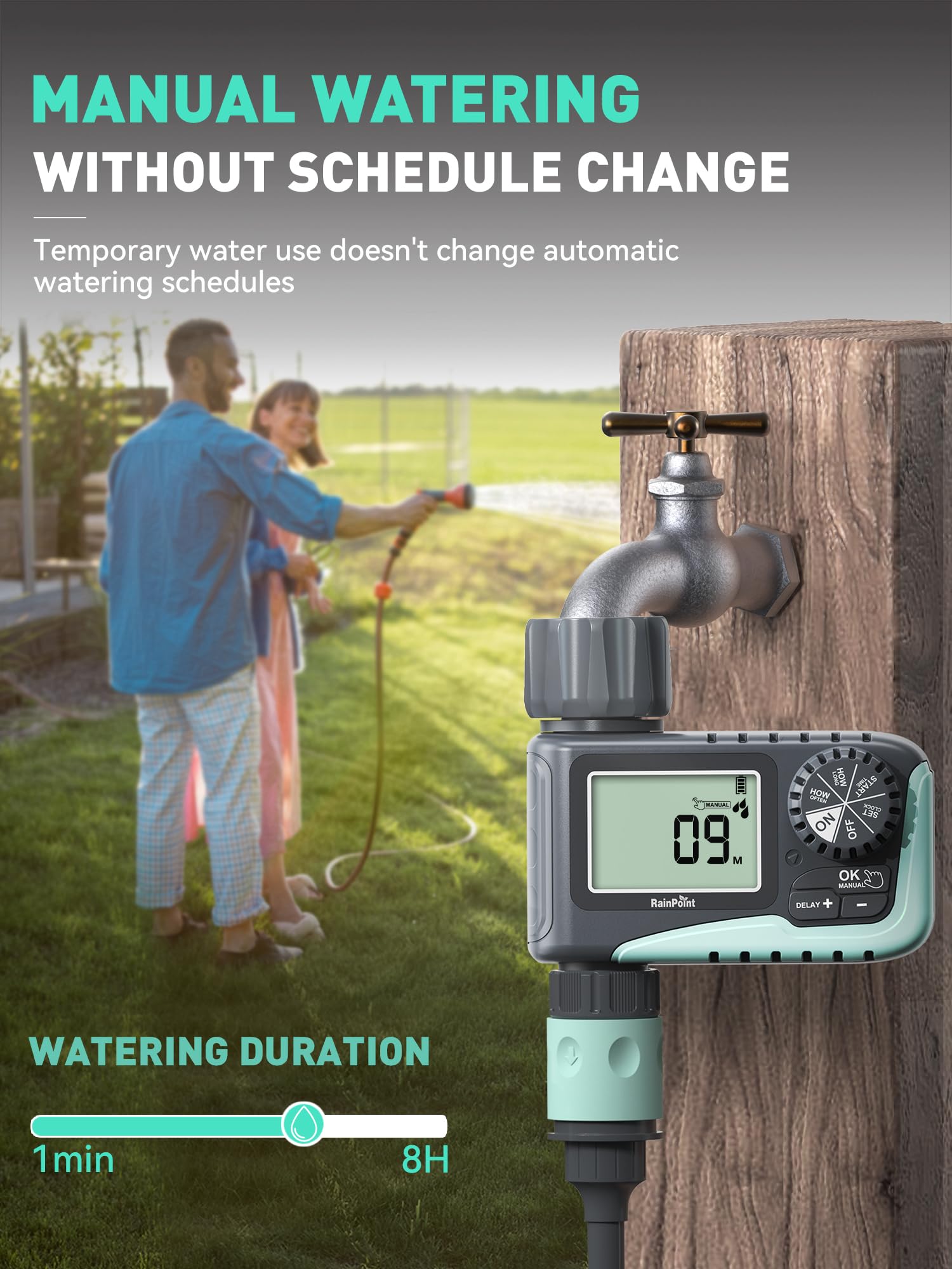 RainPoint Sprinkler Timer in rain delay mode keeps watering in check during showers.