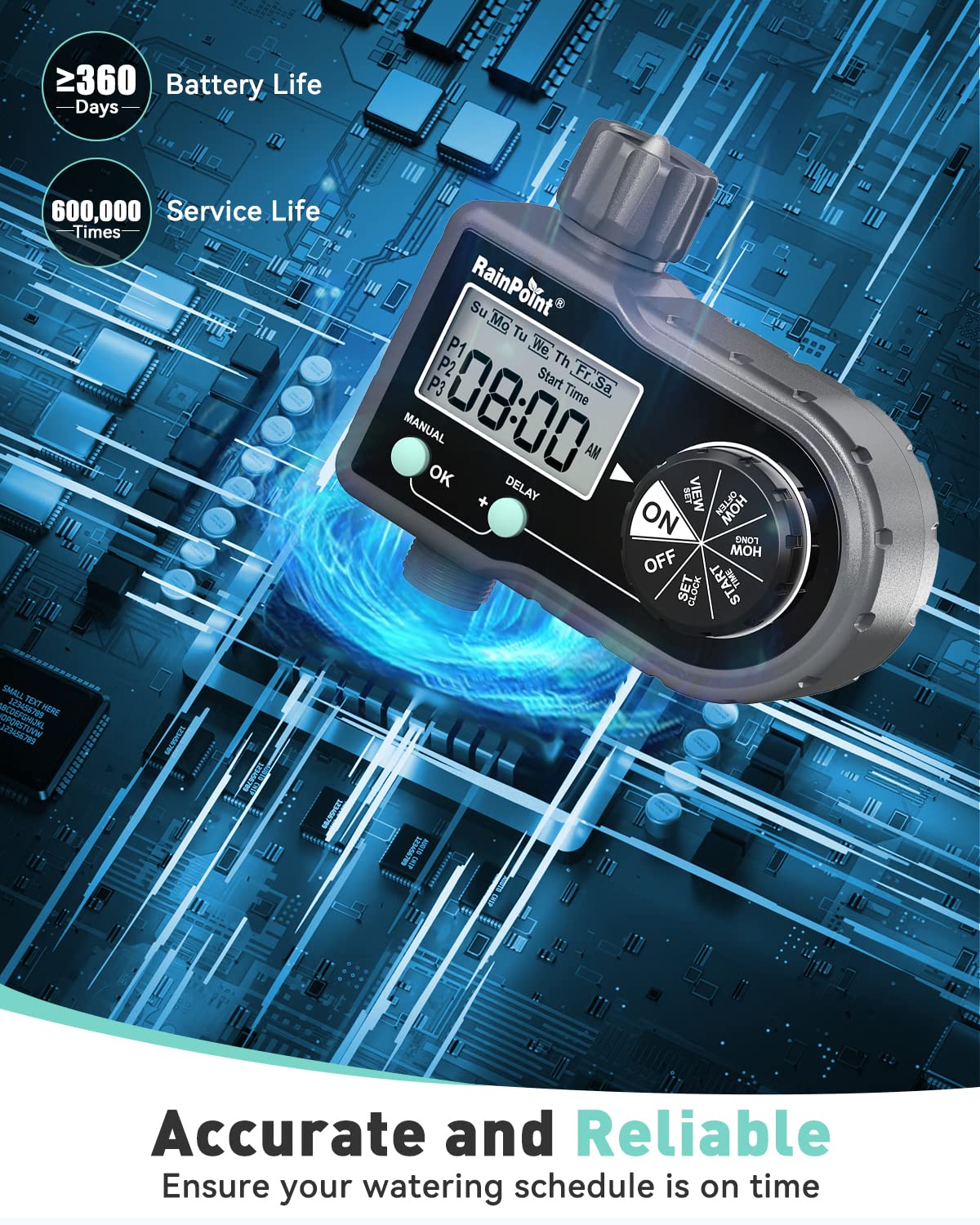 RAINPOINT Sprinkler Timer three programmable programs support flexible watering.