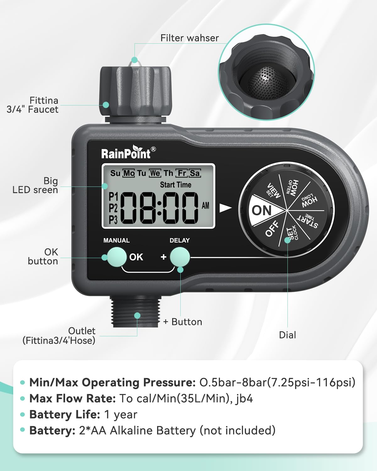 RAINPOINT Sprinkler Timer ideal for gardens and lawns.