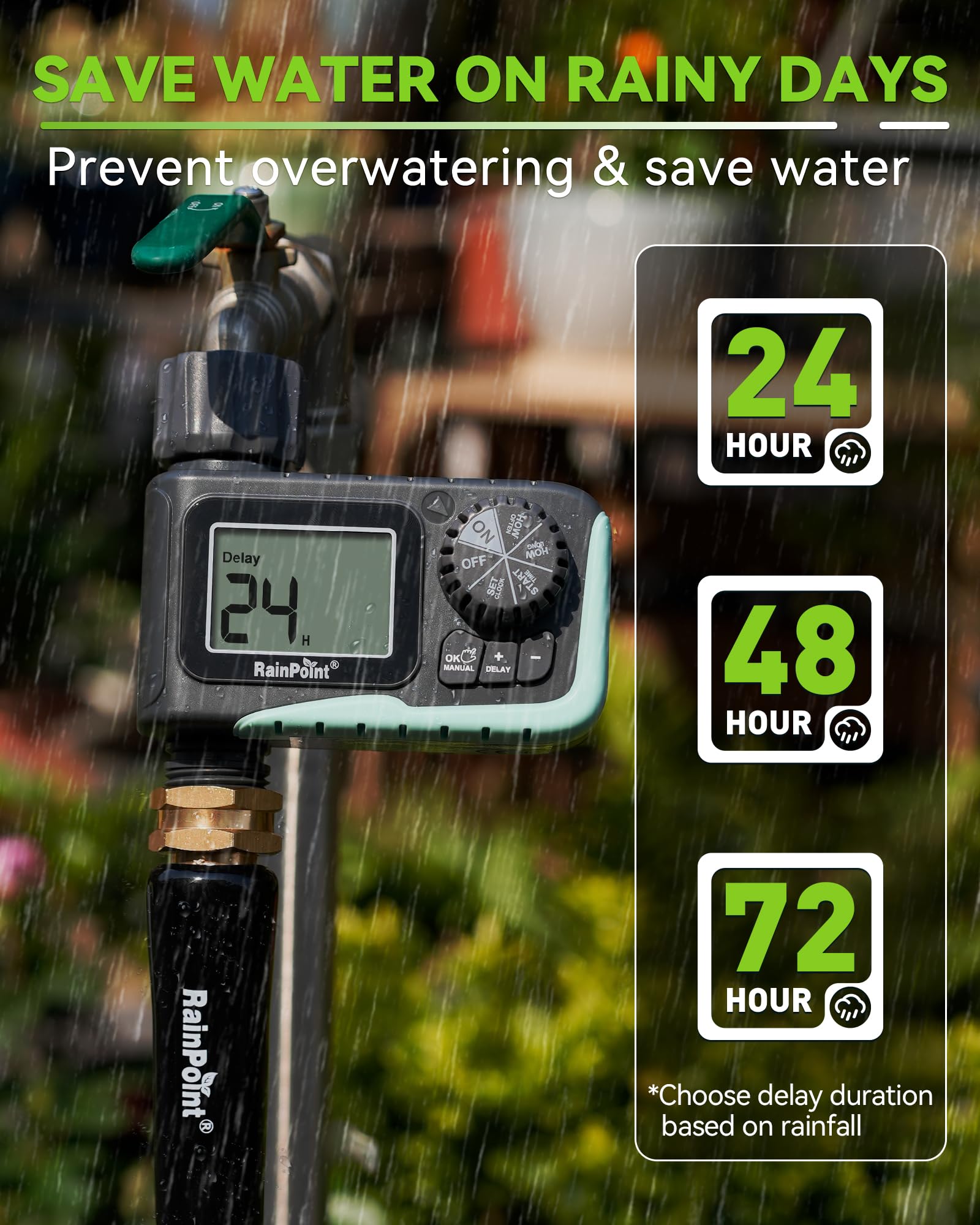 RAINPOINT timer controls water flow for flexible irrigation