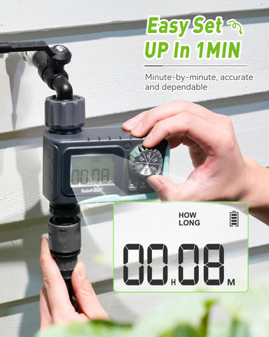 RAINPOINT sprinkler timer weatherproof shell demonstrates rugged protection against elements.