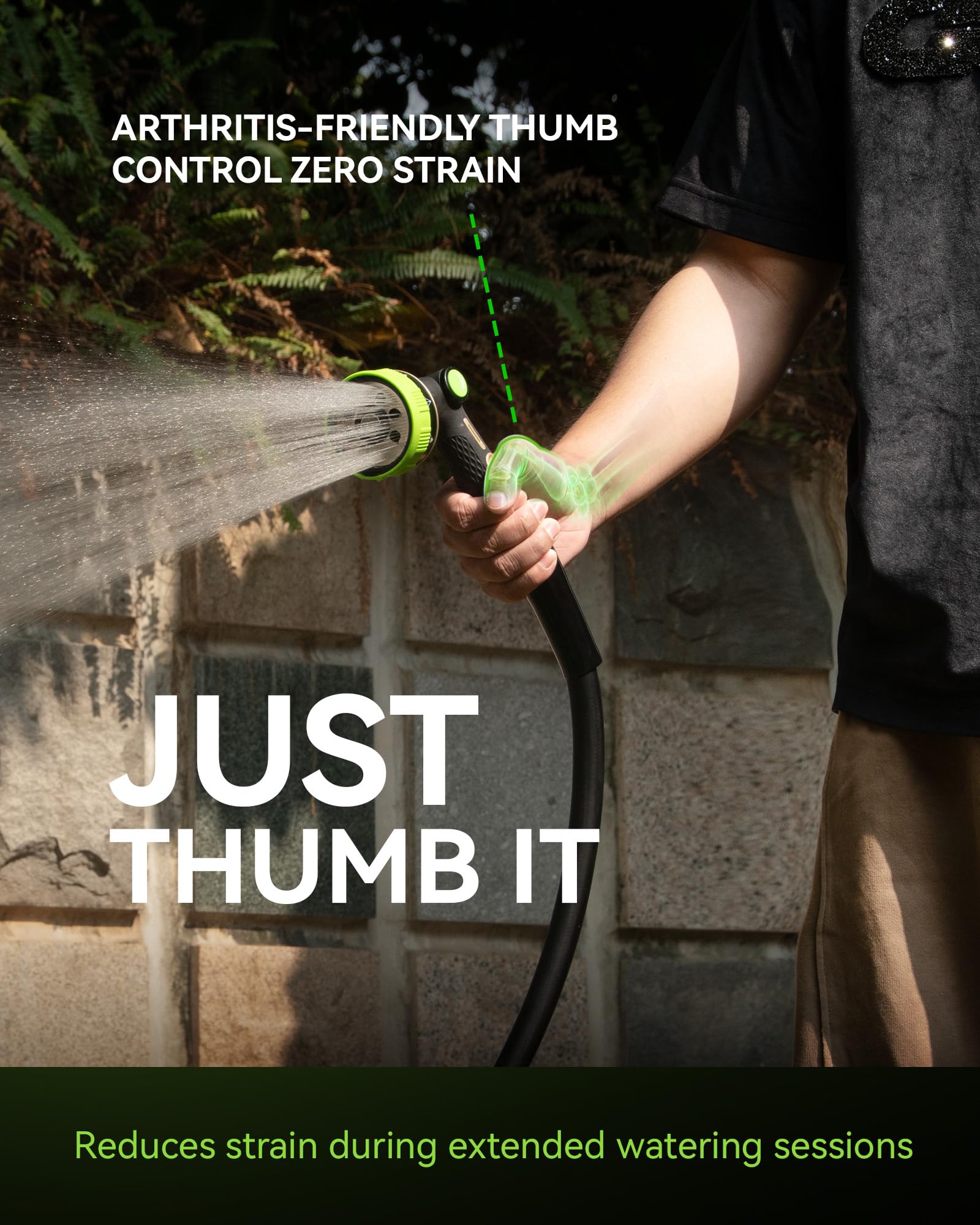 RAINPOINT nozzle with textured rubber grip reduces hand fatigue.