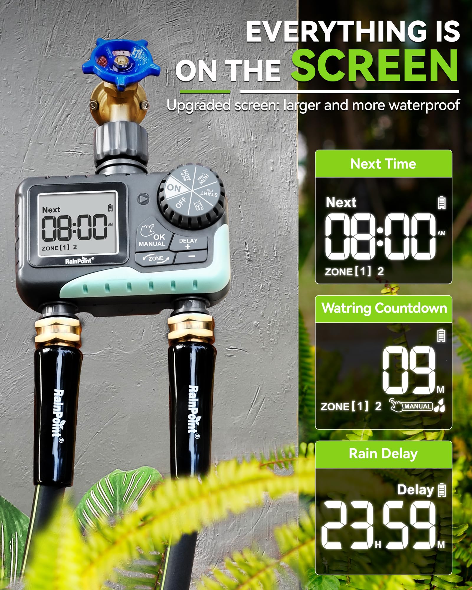 Rainpoint timer compatible with standard 3/4 inch connections.