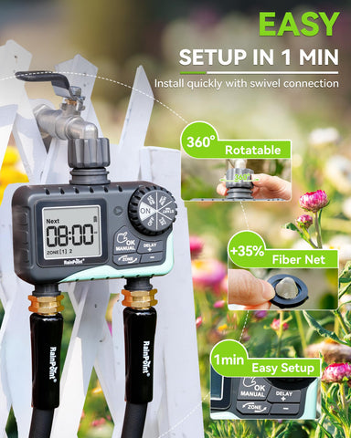 Rainpoint timer with large LED display clearly showing irrigation plans.