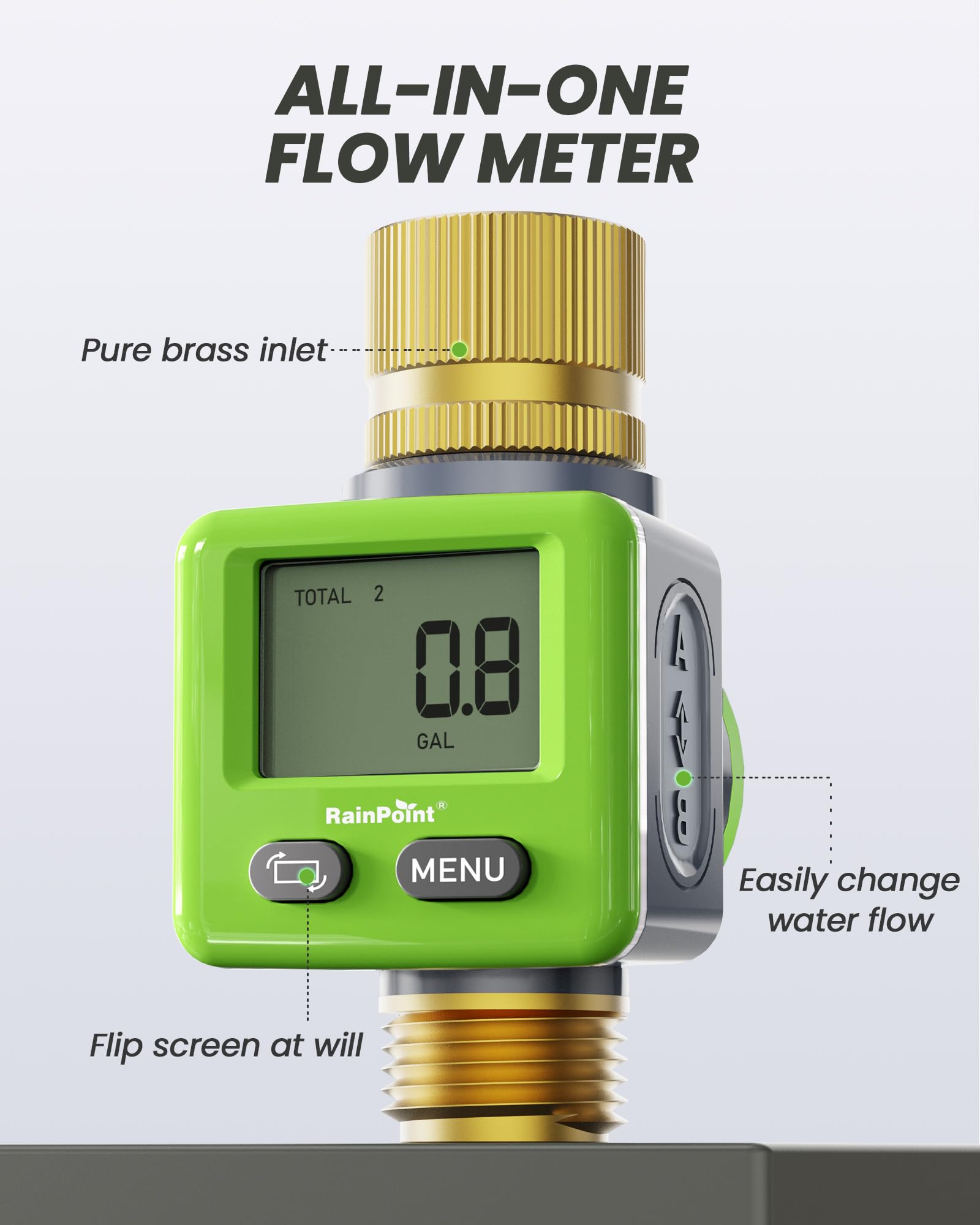 RAINPOINT water flow meter with 180-degree flip screen for easy viewing
