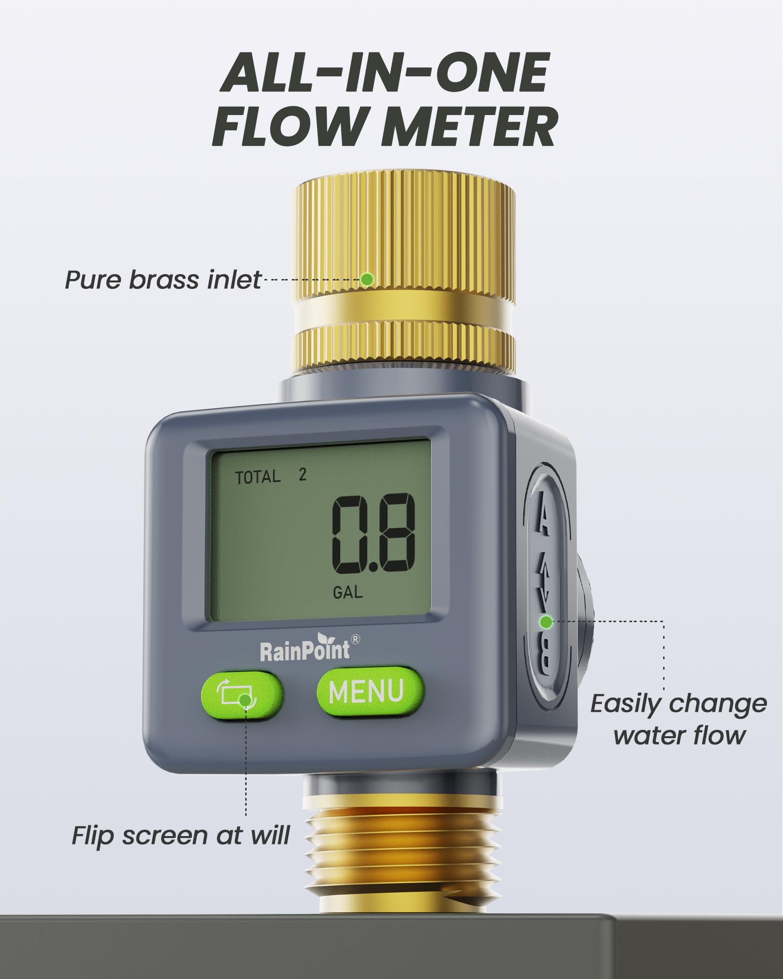 RAINPOINT flow meter with 180° flip screen for easy reading in tight spaces.