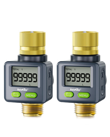 RAINPOINT water flow meter with brass inlet and outlet for durable outdoor use.