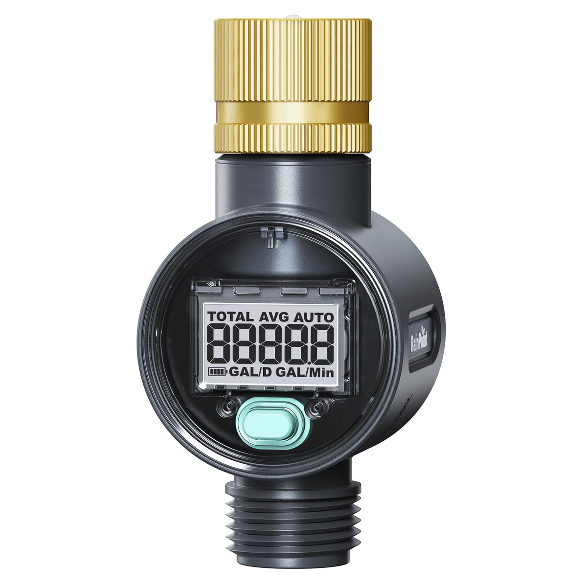 RAINPOINT water flow meter with brass inlet showing real-time flow for RV filling and garden use
