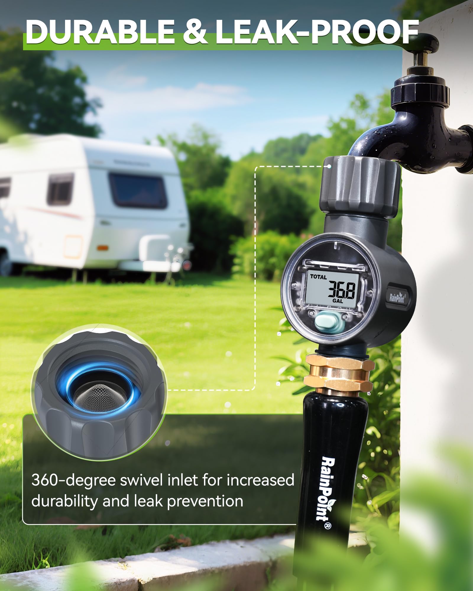 RAINPOINT water flow meter button area demonstrating mode switch.
