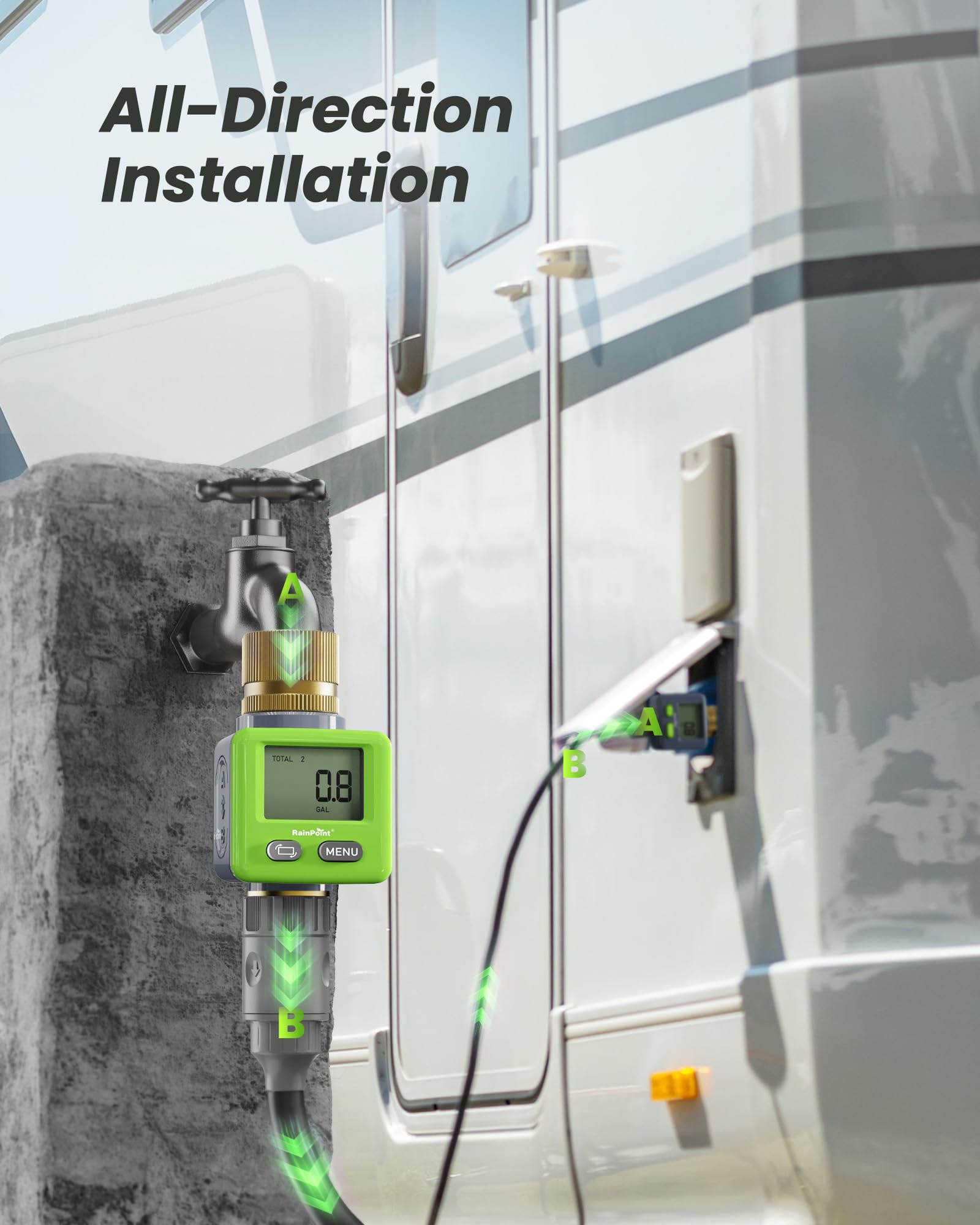 RAINPOINT four-measure-modes include total, real-time, and last flow readings