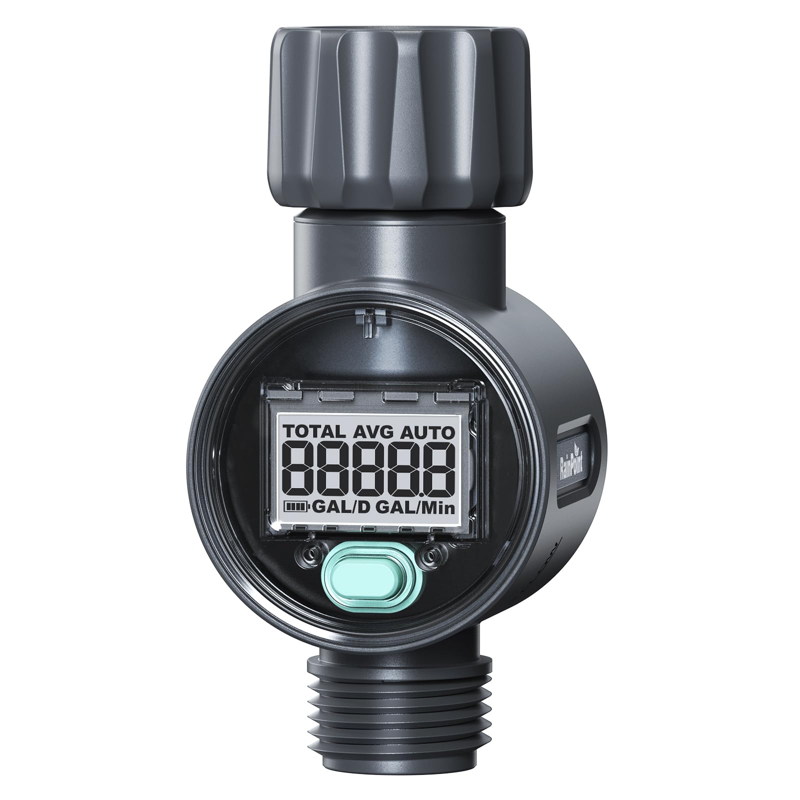 RAINPOINT water flow meter front view with a clear LCD display.