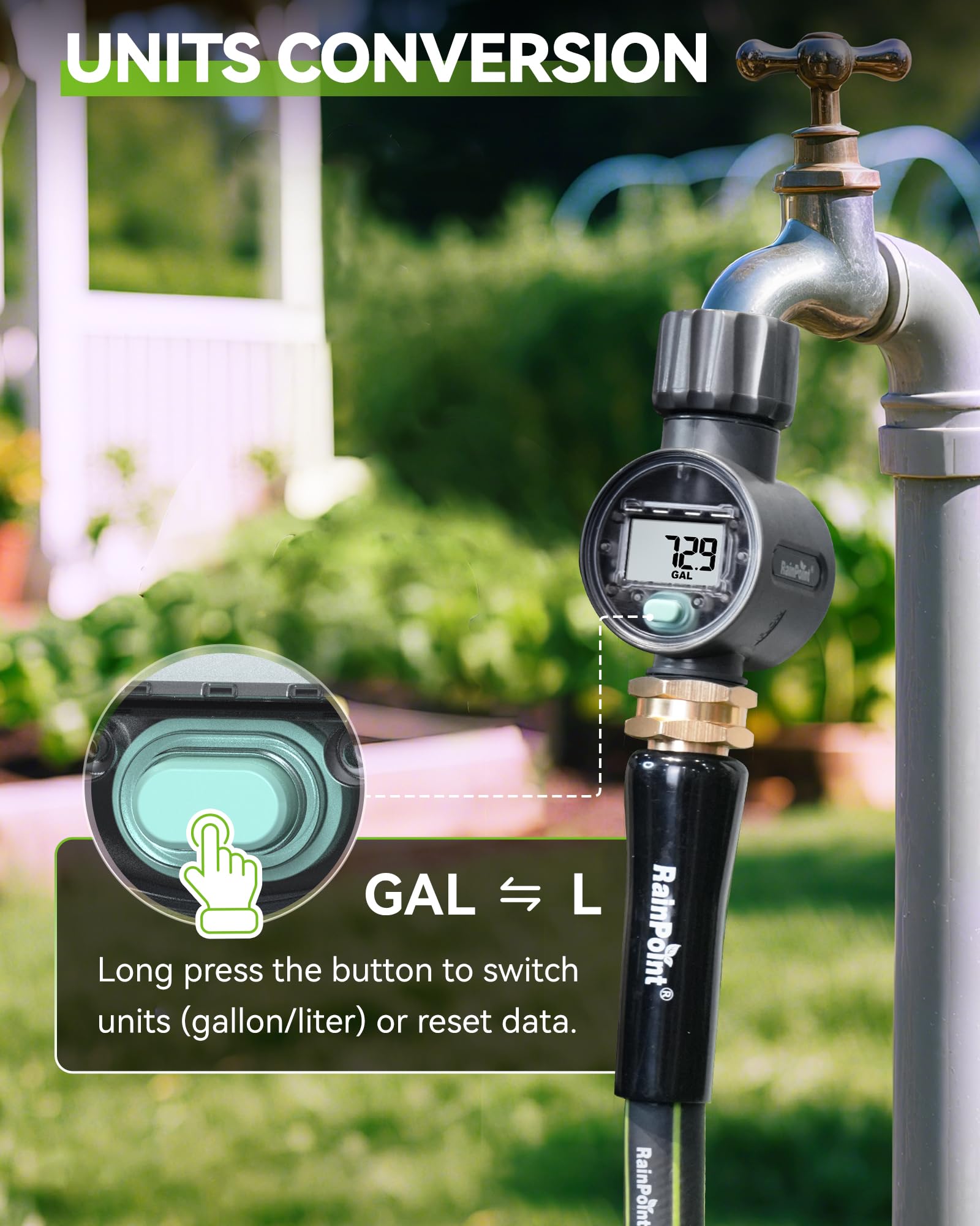 RAINPOINT water flow meter rugged IPX6 body for outdoor use.
