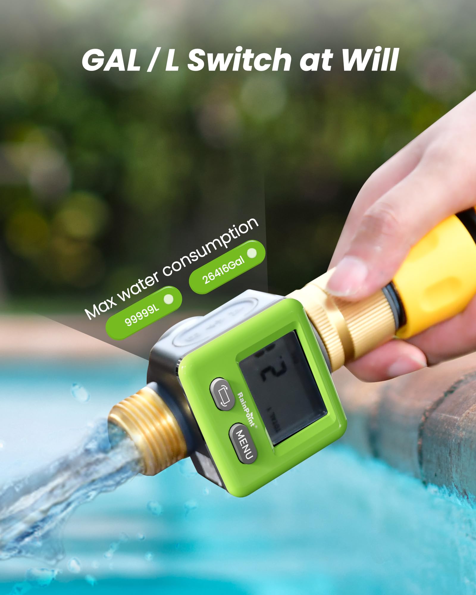 RAINPOINT meter ideal for RV tanks, sprinklers, and garden hoses