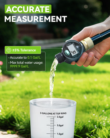RAINPOINT brass inlet meter mounted on a hose to monitor water usage during irrigation