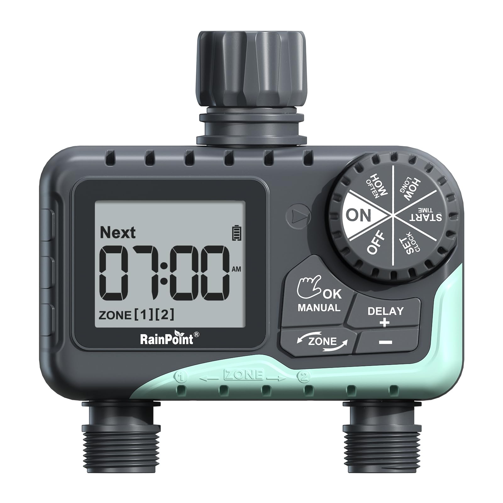 Rainpoint Water Timer dual-zone front view for efficient garden irrigation.