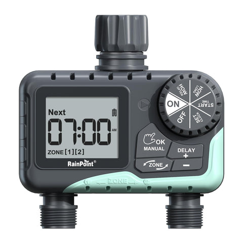 Rainpoint Water Timer dual-zone front view for efficient garden irrigation.