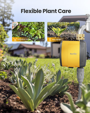 Rainpoint water timer front view emphasizes compact, space-saving irrigation solution.