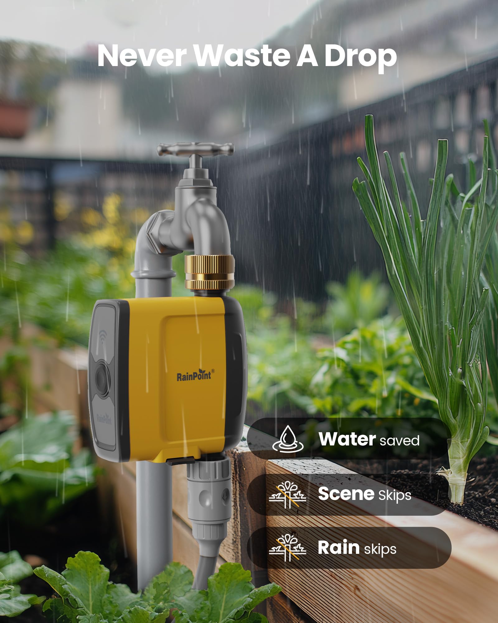 Rainpoint timer used in garden setting for flexible watering schedules.