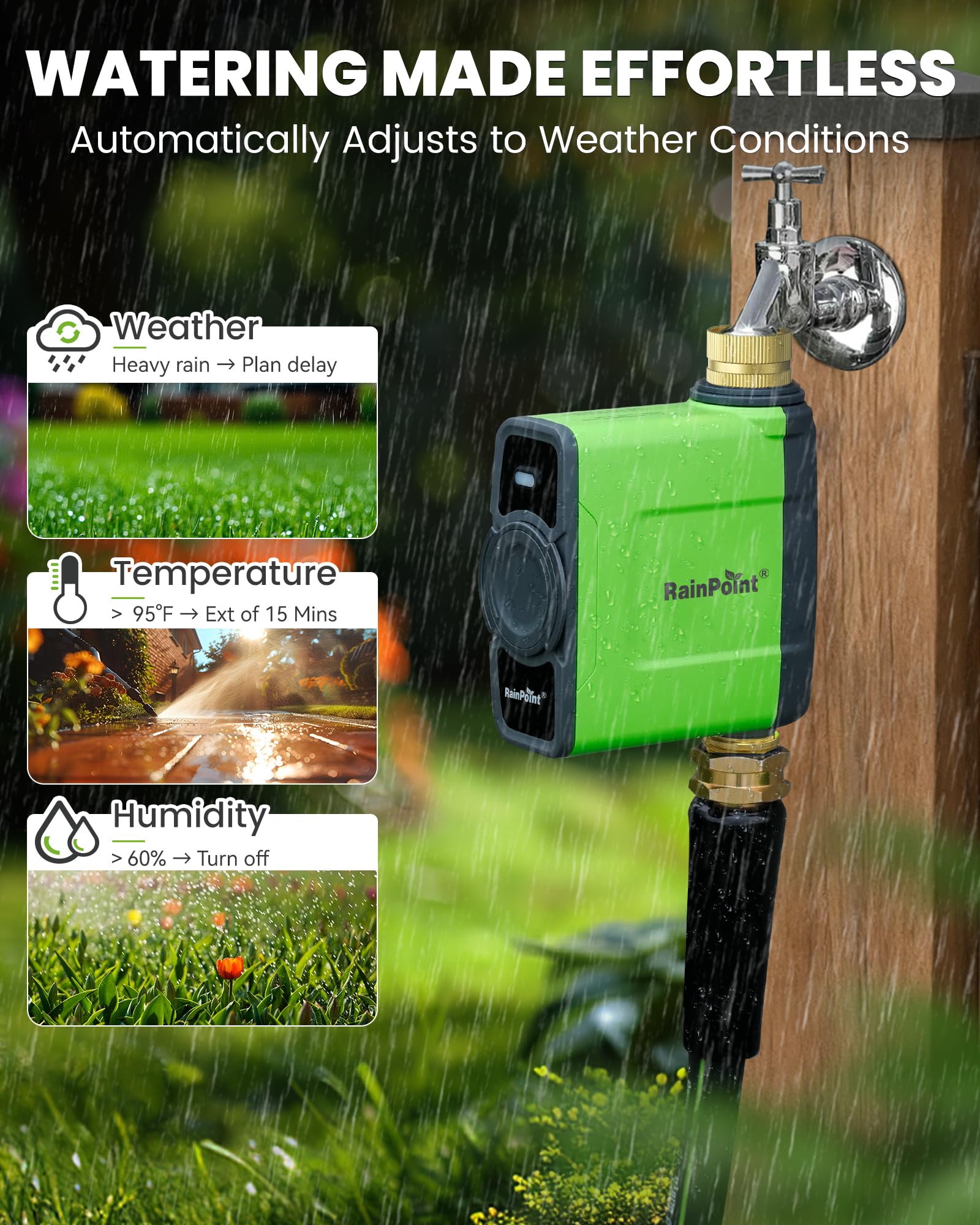 Rainpoint weather-based watering concept showing adaptive irrigation.