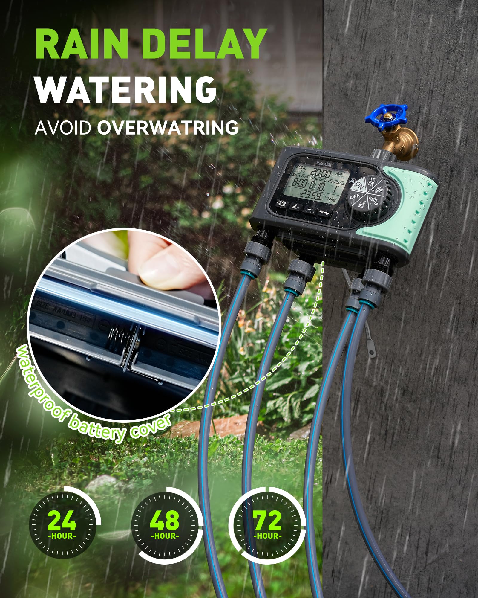 RAINPOINT weatherproof outdoor timer stands up to sun and rain for year-round watering