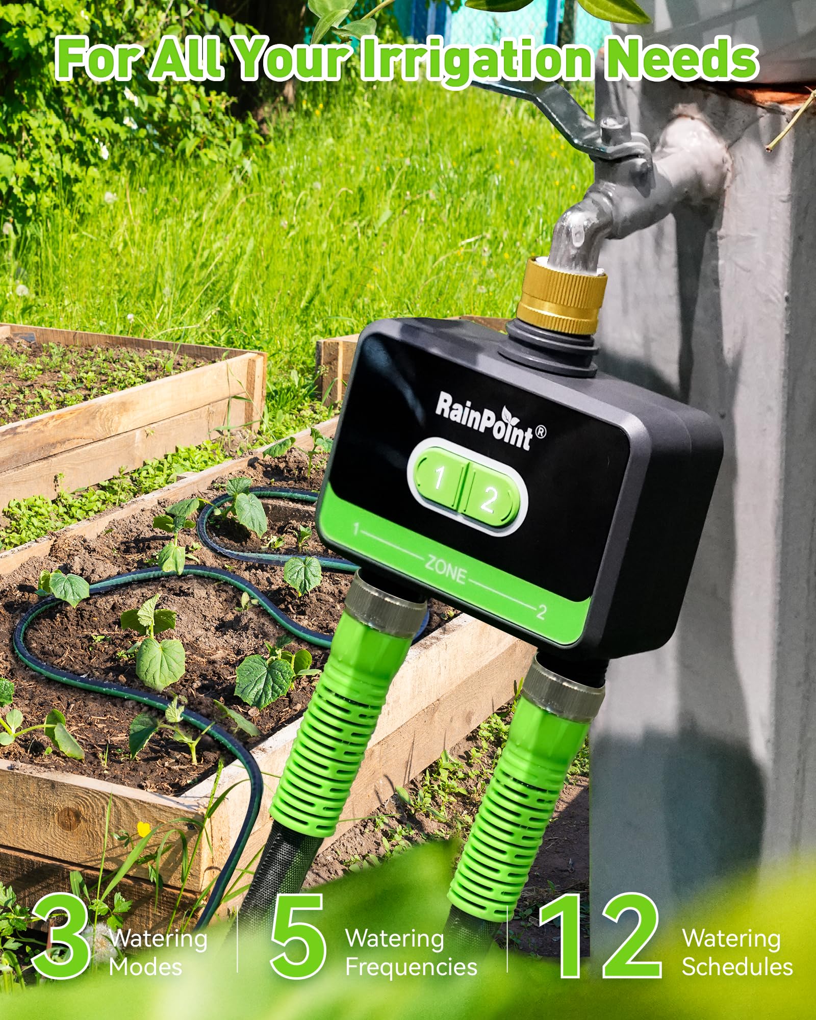 RainPoint WiFi timer brass inlet highlights sturdy metal connection for durable irrigation.