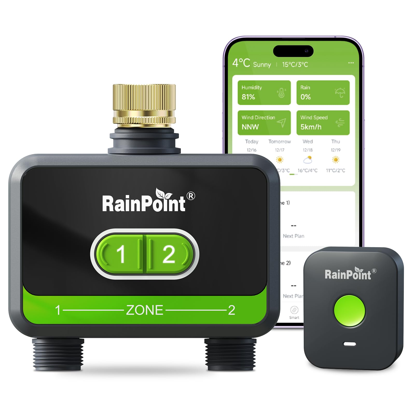 RainPoint WiFi timer front view showing compact design for easy outdoor setup.