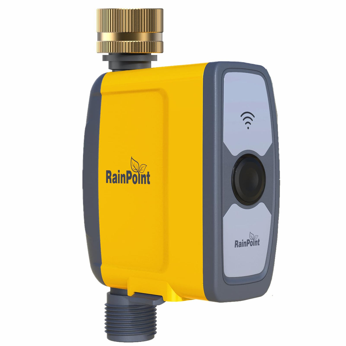 Rainpoint WiFi water timer brass inlet closeup highlighting durable fittings for reliable irrigation.