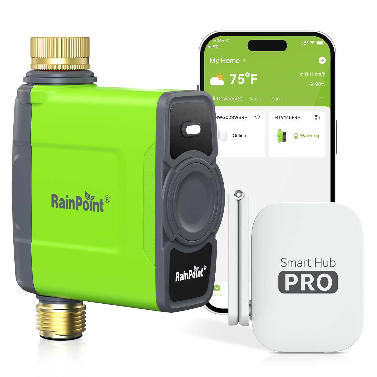 Rainpoint WiFi water timer with brass inlet and outlet close-up, built for durability.