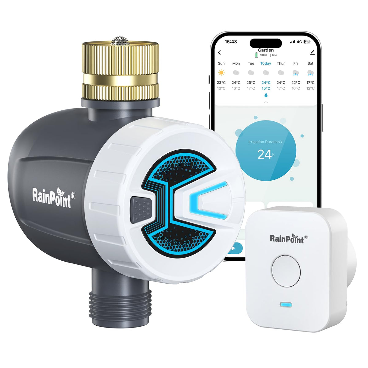 RainPoint WiFi water timer with brass inlet for leak-free irrigation.