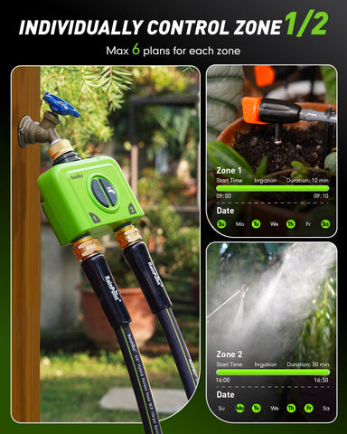 RAINPOINT two-zone setup enables separate schedules for different garden areas.