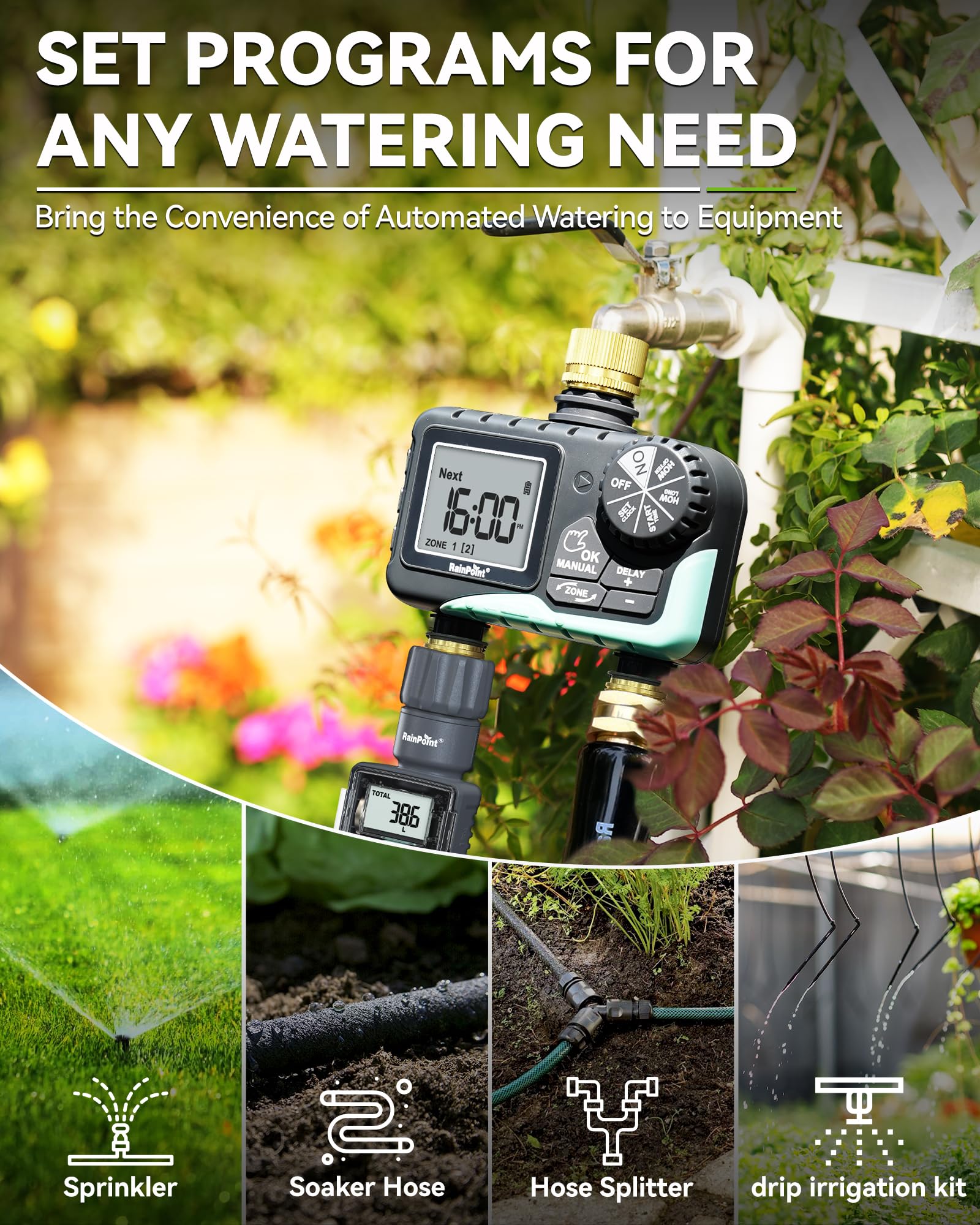 RAINPOINT yard watering system improves garden reliability.