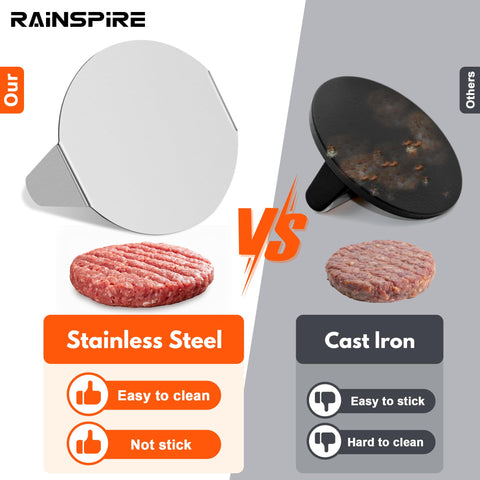 Rainspire burger press in action creates a crispy crust and even thickness.
