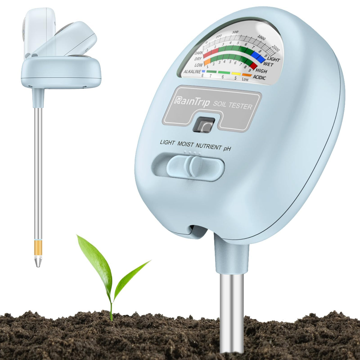 Raintrip 4-in-1 soil tester angled view for easy readability