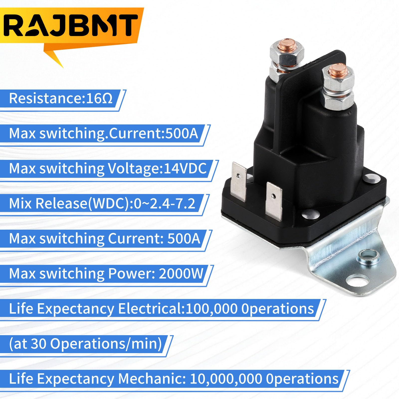 RAJBMT 12V starter solenoid side view shows four-terminal layout for wiring flexibility