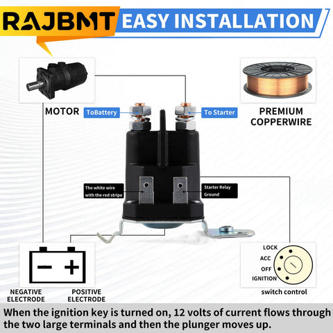 RAJBMT 12V starter solenoid top view emphasizes compact size and fitment ease