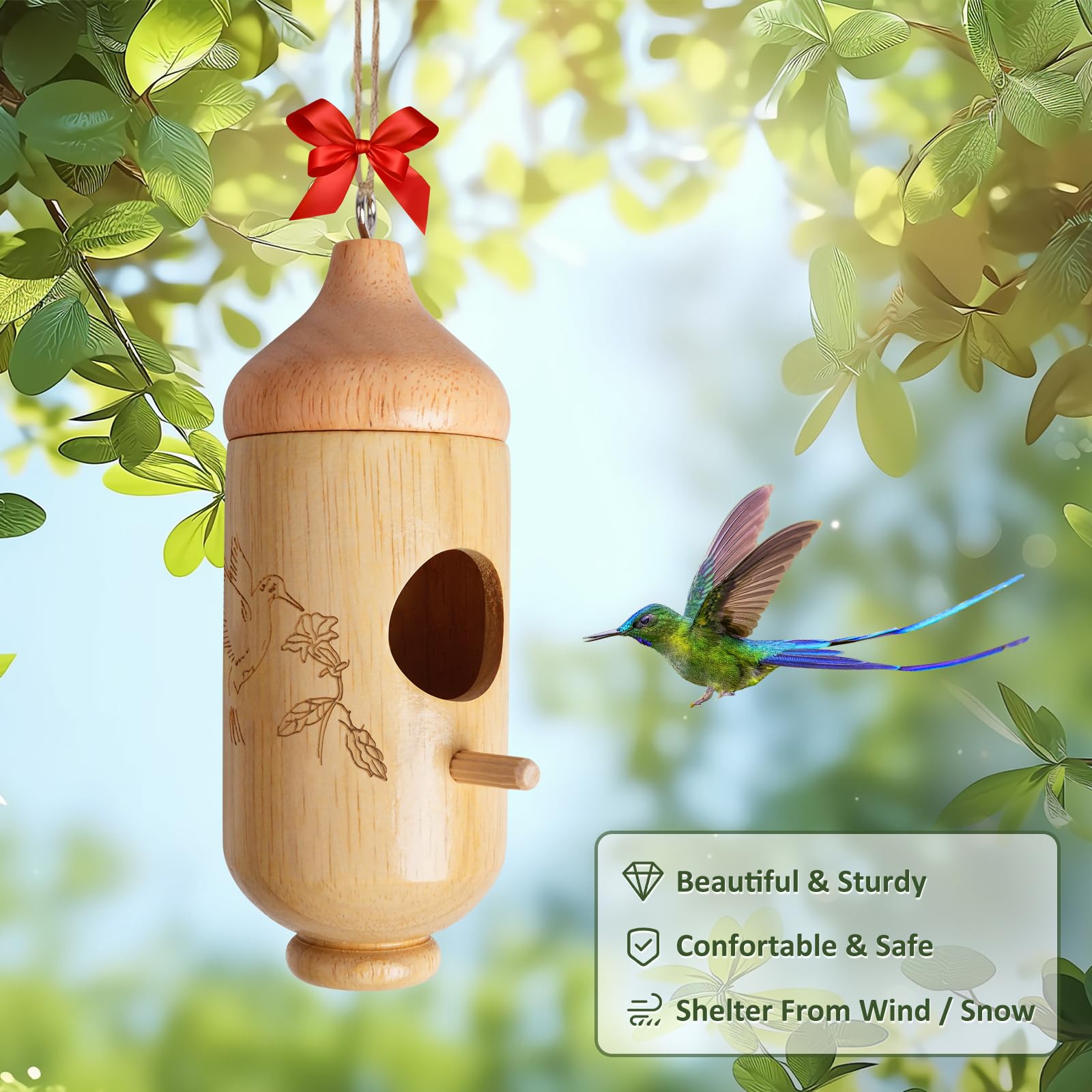 Rakovar hummingbird house compact size 5.12 by 1.96 inches fits hummingbirds.