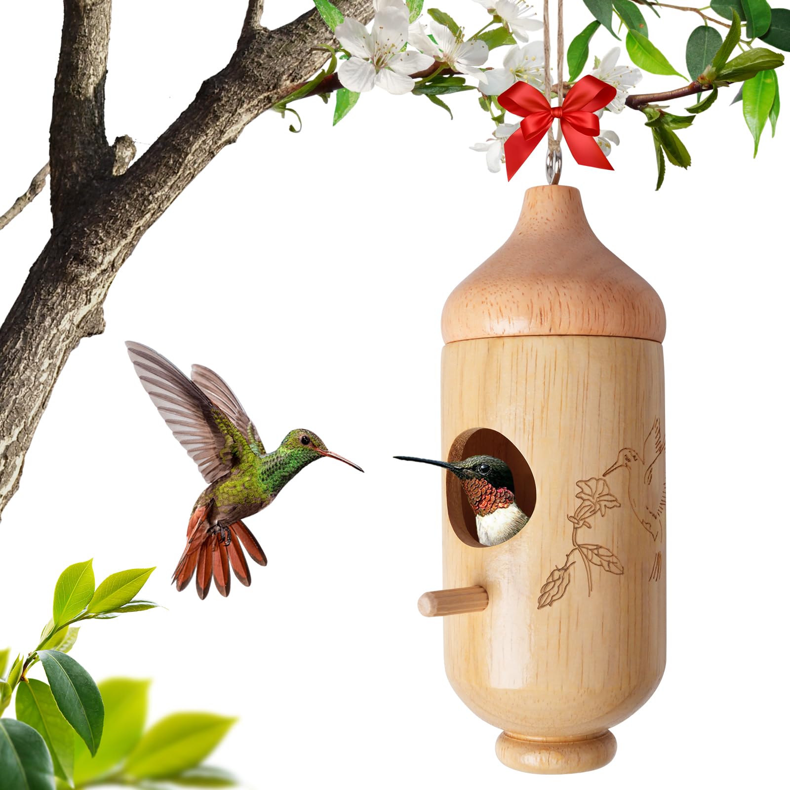 Rakovar hummingbird house natural wood ready for outdoor hanging and nesting.