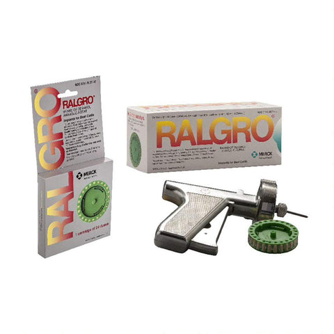 Merck Animal Health Ralgro 24-dose implant image highlighting dosage cartridge for cattle growth programs.