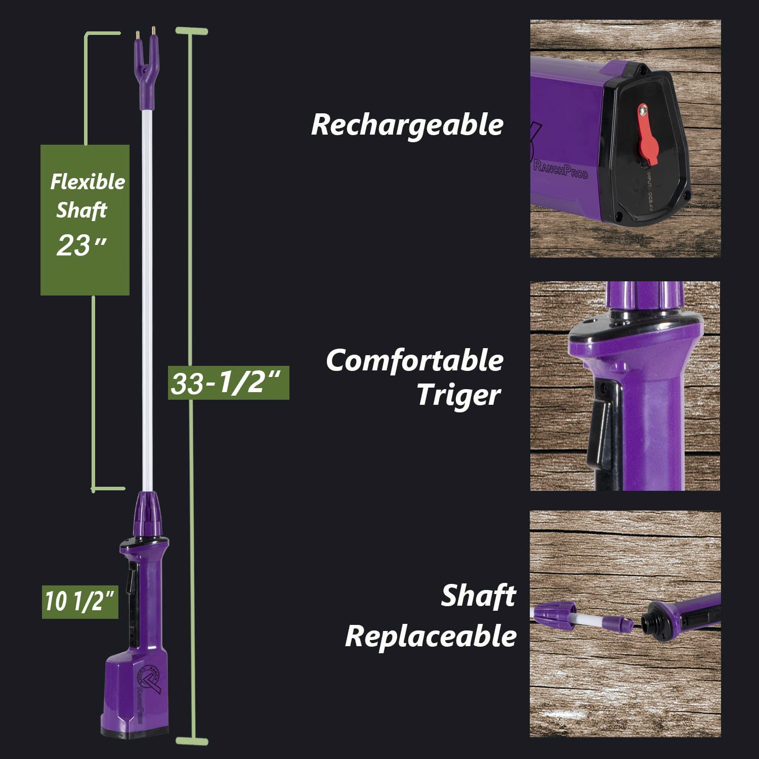 RANCH CHOICE purple prod shaft shows flexibility for maneuvering livestock