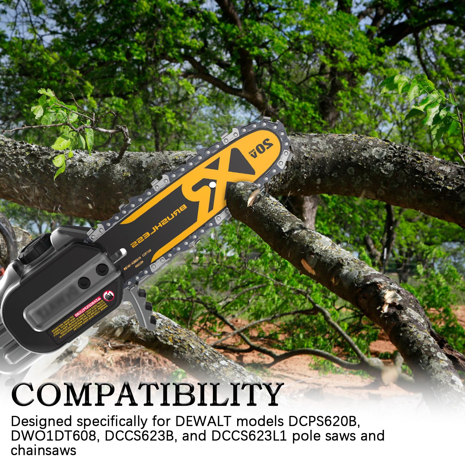 Pruning-ready setup with 8-inch bar delivers precise branch cuts.