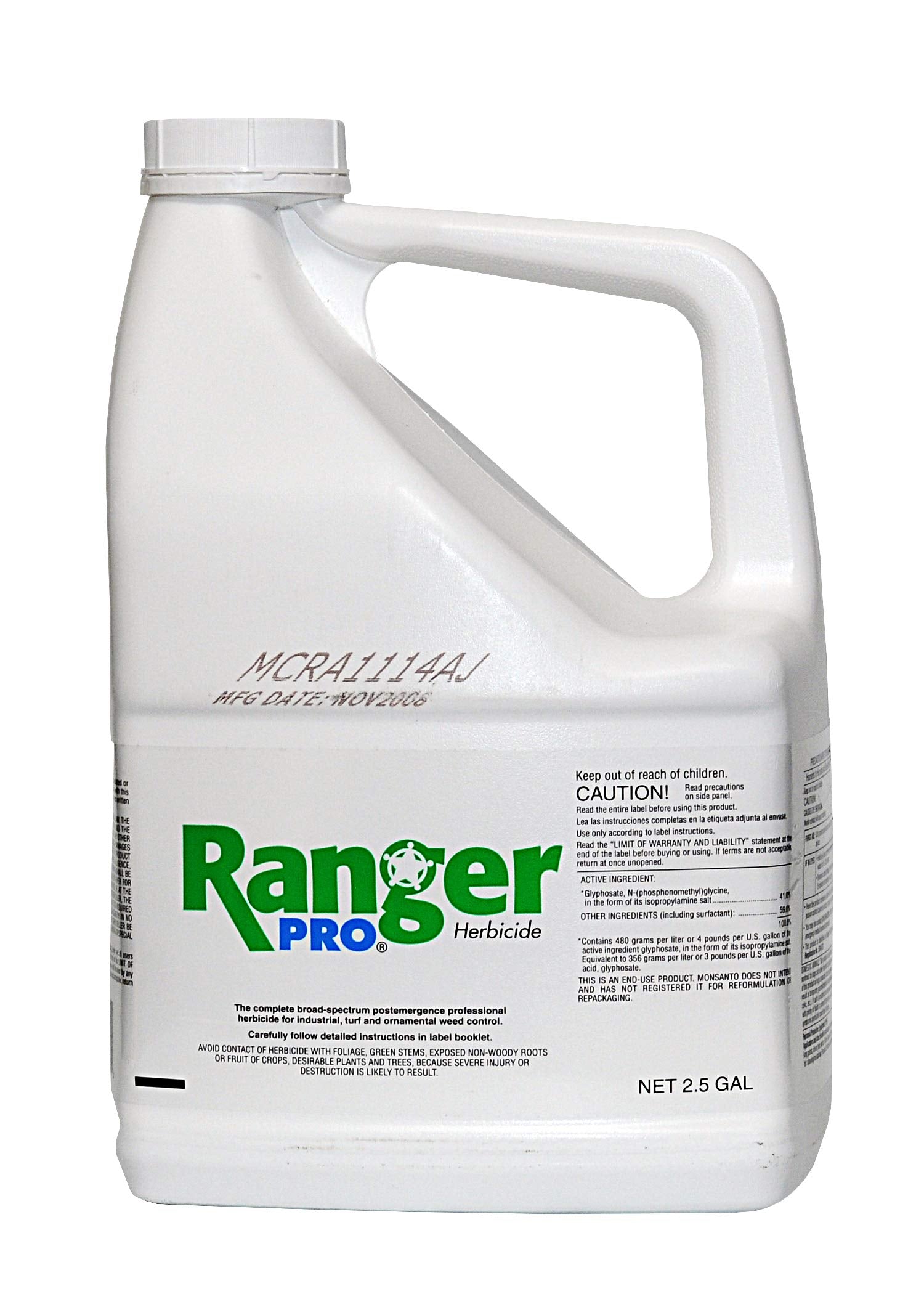 Ranger Pro herbicide bottle provides post-emergence weed control for lawns and landscapes.