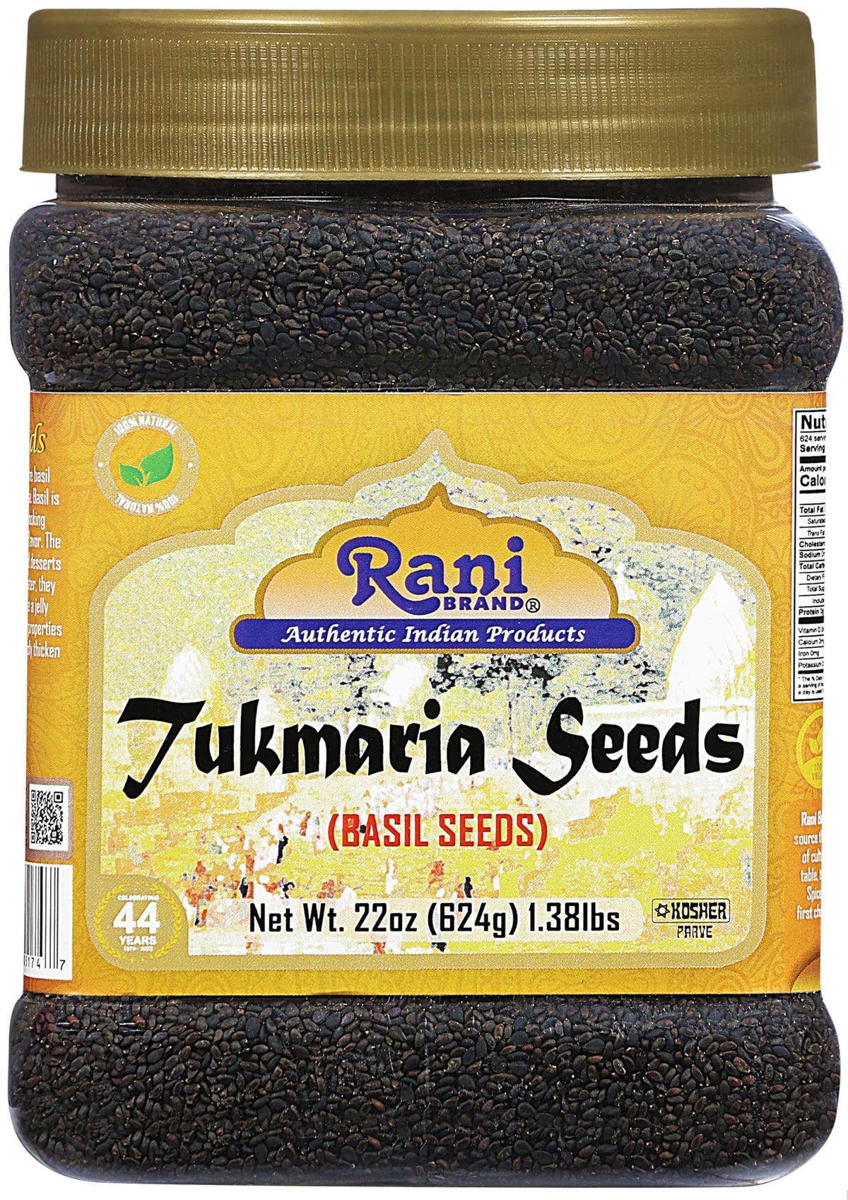 Rani Tukmaria basil seeds jar front, authentic Indian packaging.