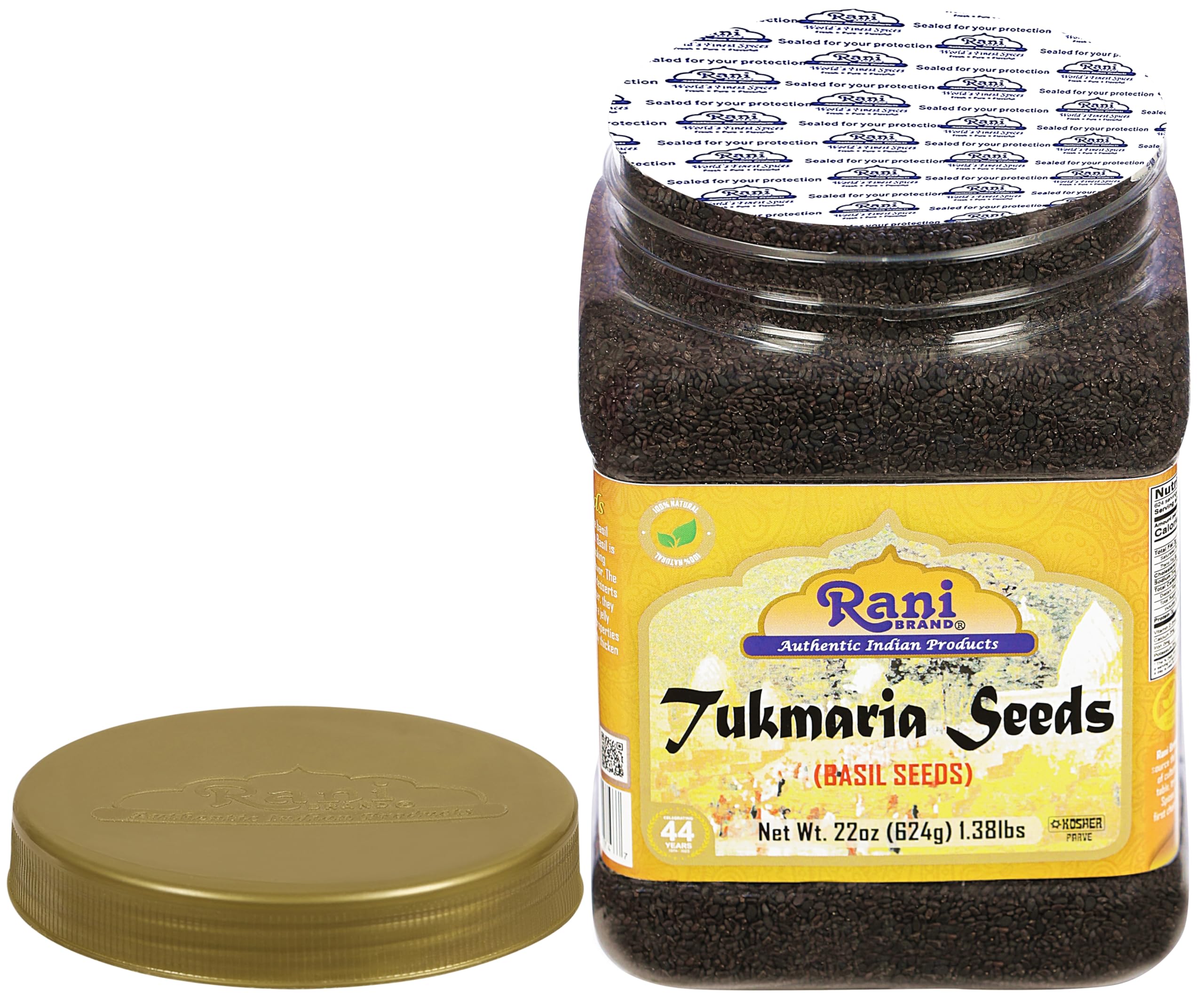 Rani Tukmaria basil seeds label with kosher and vegan notes.