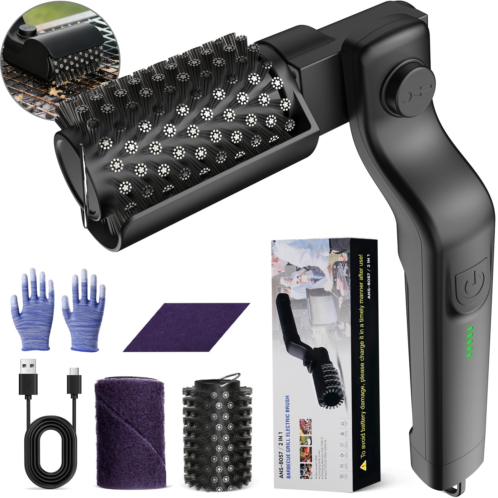 Ranopu electric grill brush head cleans grills quickly with stainless steel surface.
